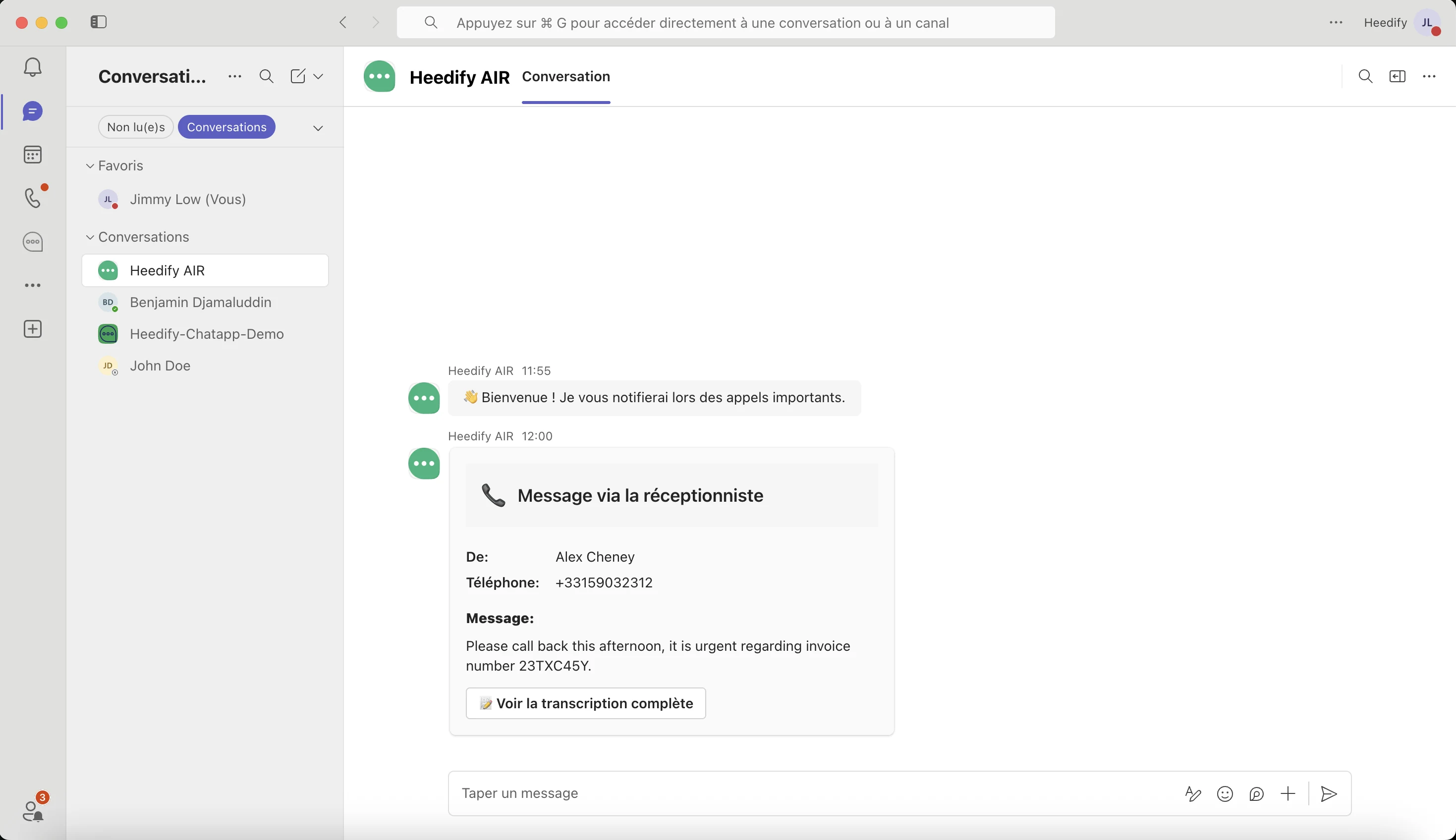 Heedify AIR in Microsoft Teams: a structured handover card "Message via the receptionist" delivered into the agent's Teams chat with caller name, phone number and message context