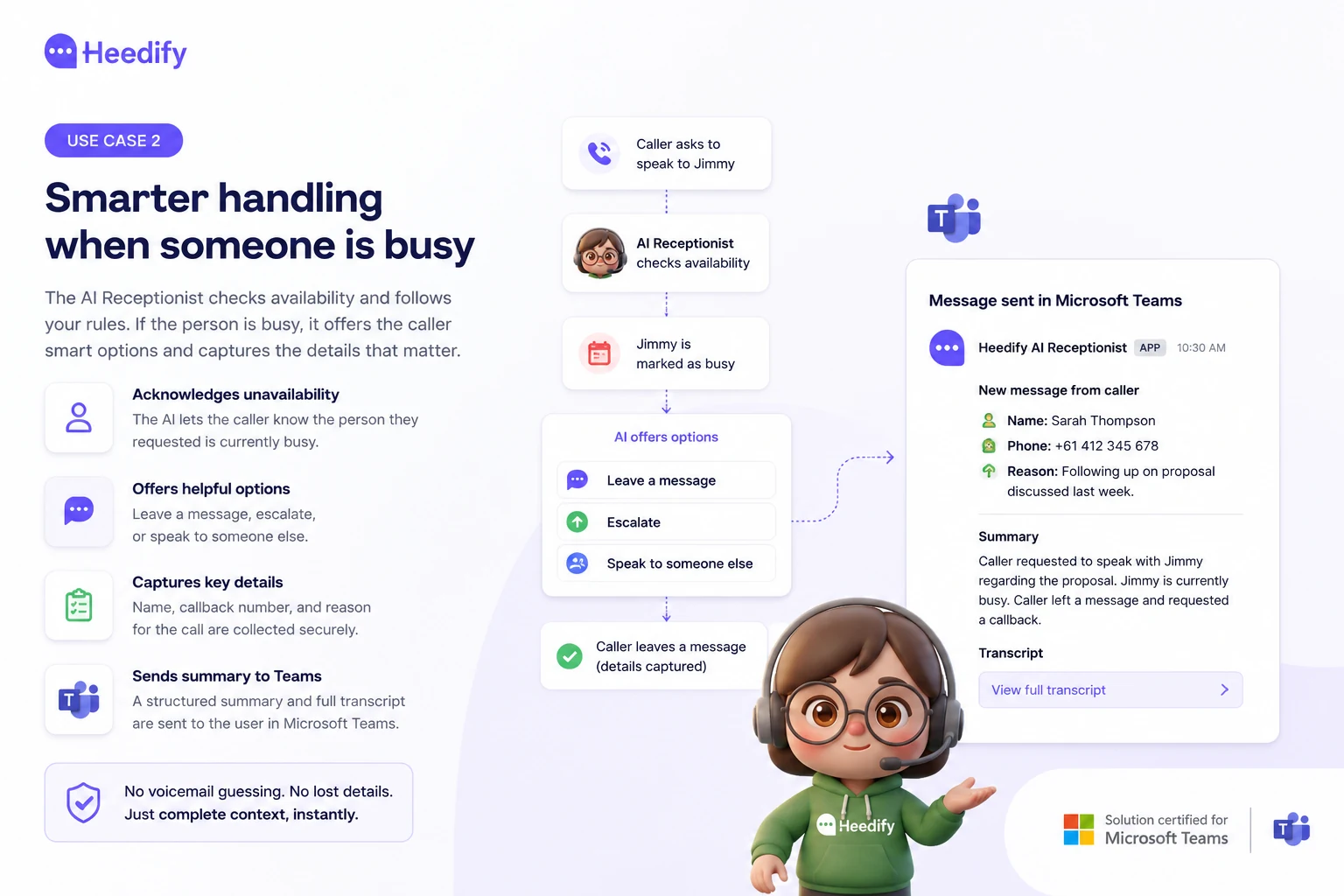 Use case 2: smarter handling when someone is busy, AI offers options and captures a structured message delivered into Teams