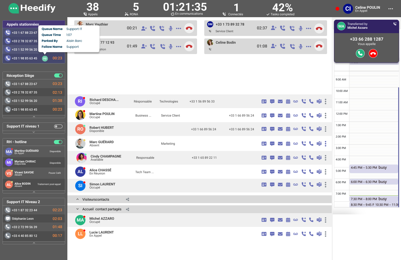 Heedify Attendant Console inside Microsoft Teams, agent interface capture: KPI bar, queues, active calls and directory with real-time Microsoft 365 presence
