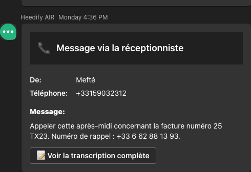 Heedify AIR structured handover card inside Microsoft Teams: caller name, phone number, message intent, callback number